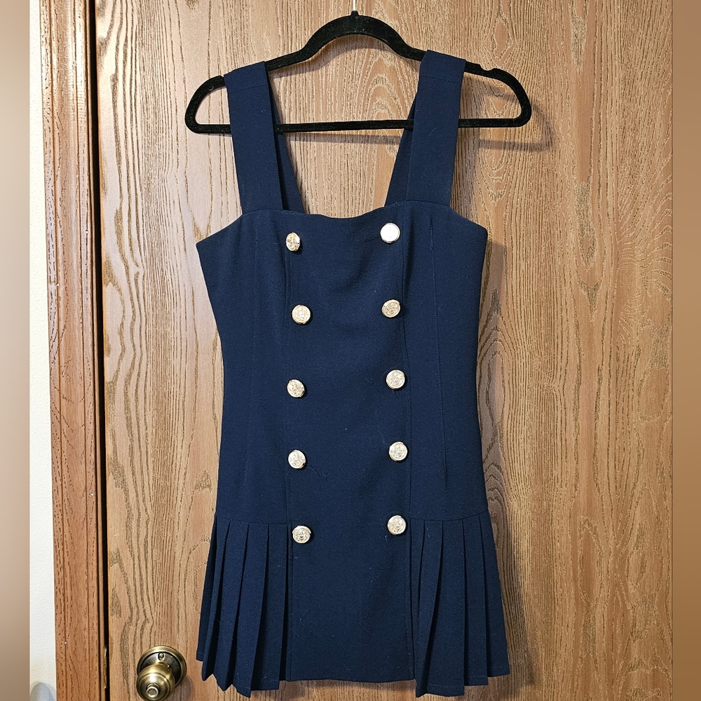 Elegant Navy Blue Dress with Button Accents
